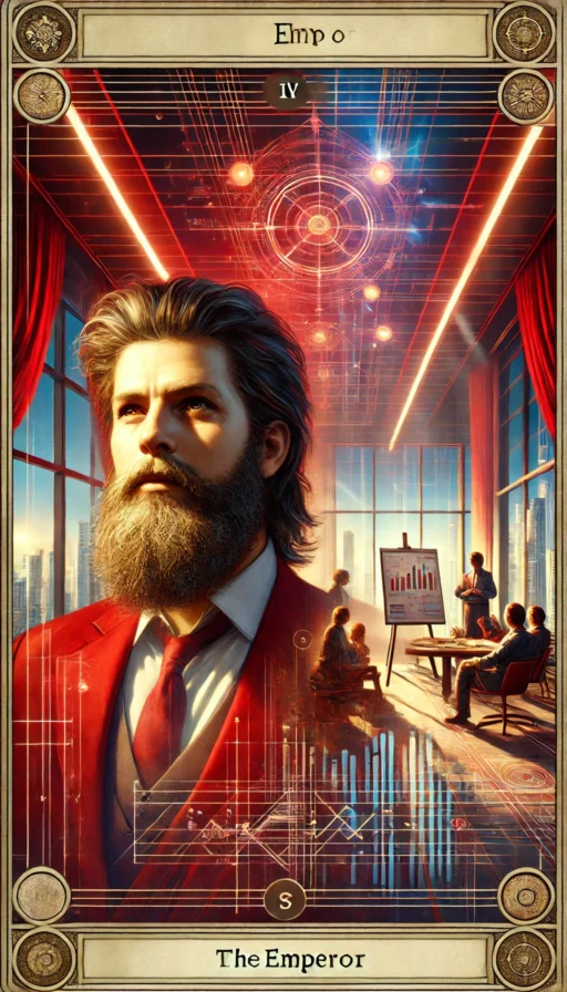 DALL·E 2025-03-06 20.56.04 - A modern interpretation of the tarot card IV - The Emperor, now depicting him as a bold pioneer and visionary leader who directly engages with the vie